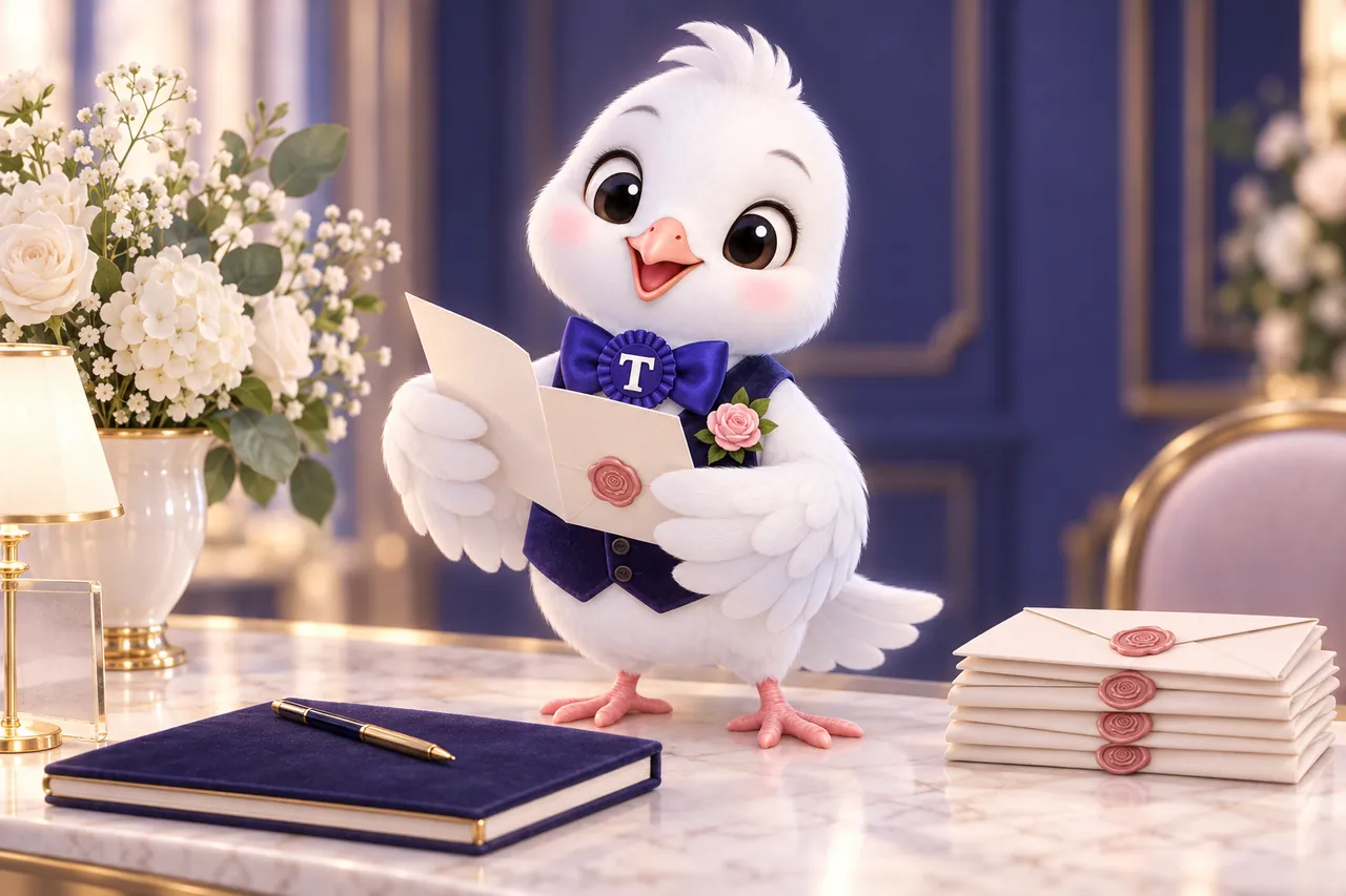 Tulle, the VenueWebStudio dove mascot, at a venue welcome desk reading an opened letter, with a small stack of sealed envelopes beside the guest book