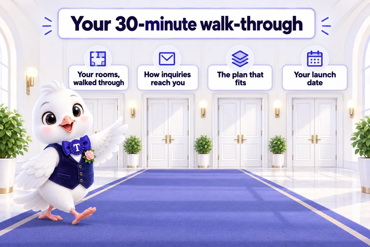 Infographic: Your 30-minute walk-through, four doors along a corridor. Your rooms, walked through. How inquiries reach you. The plan that fits. Your launch date. Tulle leads the tour.