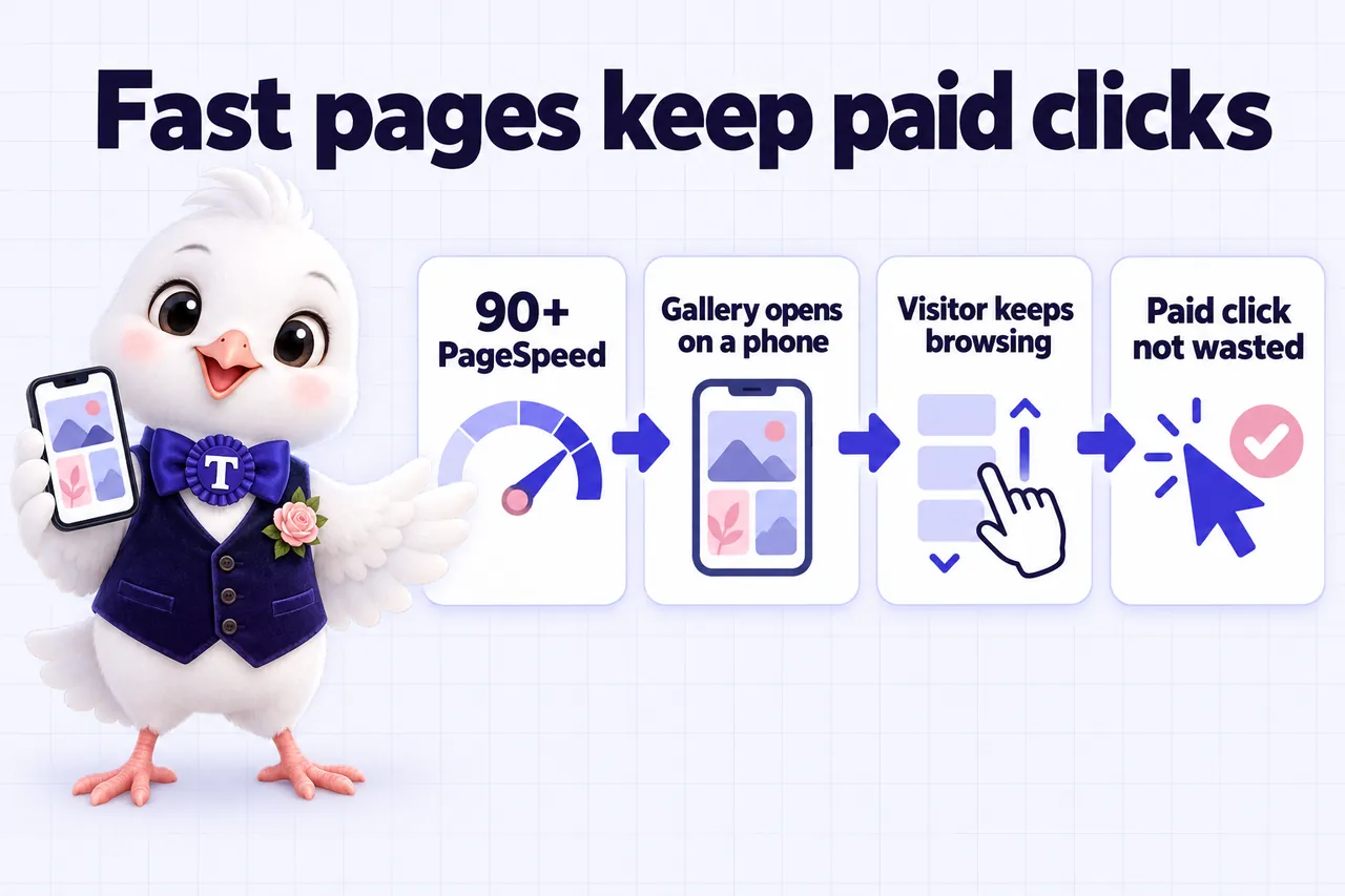Infographic: Fast pages keep paid clicks. 90+ PageSpeed, then the gallery opens on a phone, then the visitor keeps browsing, so the paid click is not wasted. Tulle holds up a phone.