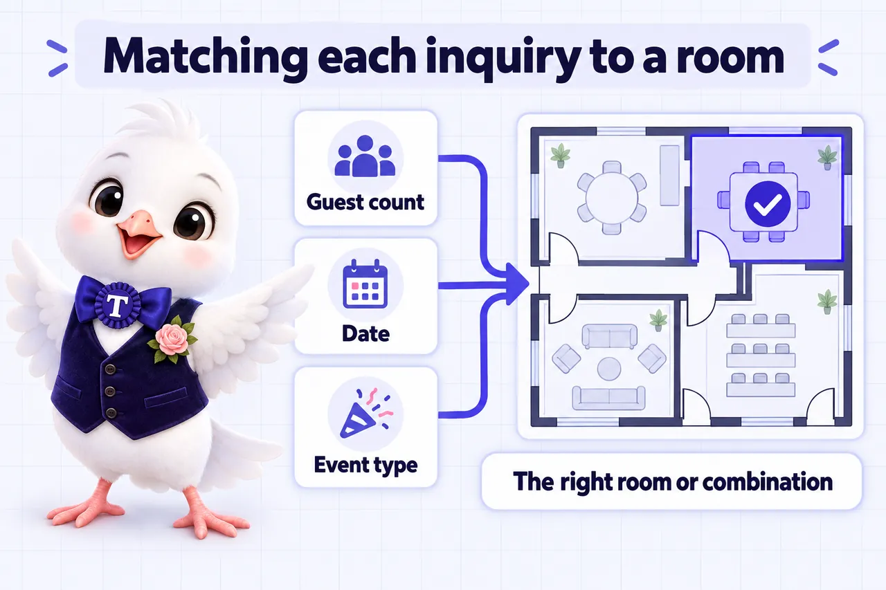 Infographic: Matching each inquiry to a room. Guest count, date and event type point the inquiry at the right room or combination.