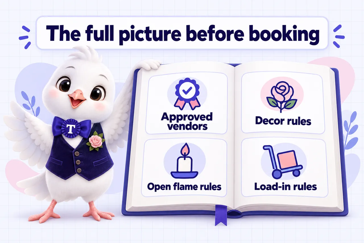 Infographic: The full picture before booking. Approved vendors, decor rules, open flame rules and load-in rules in one guide.