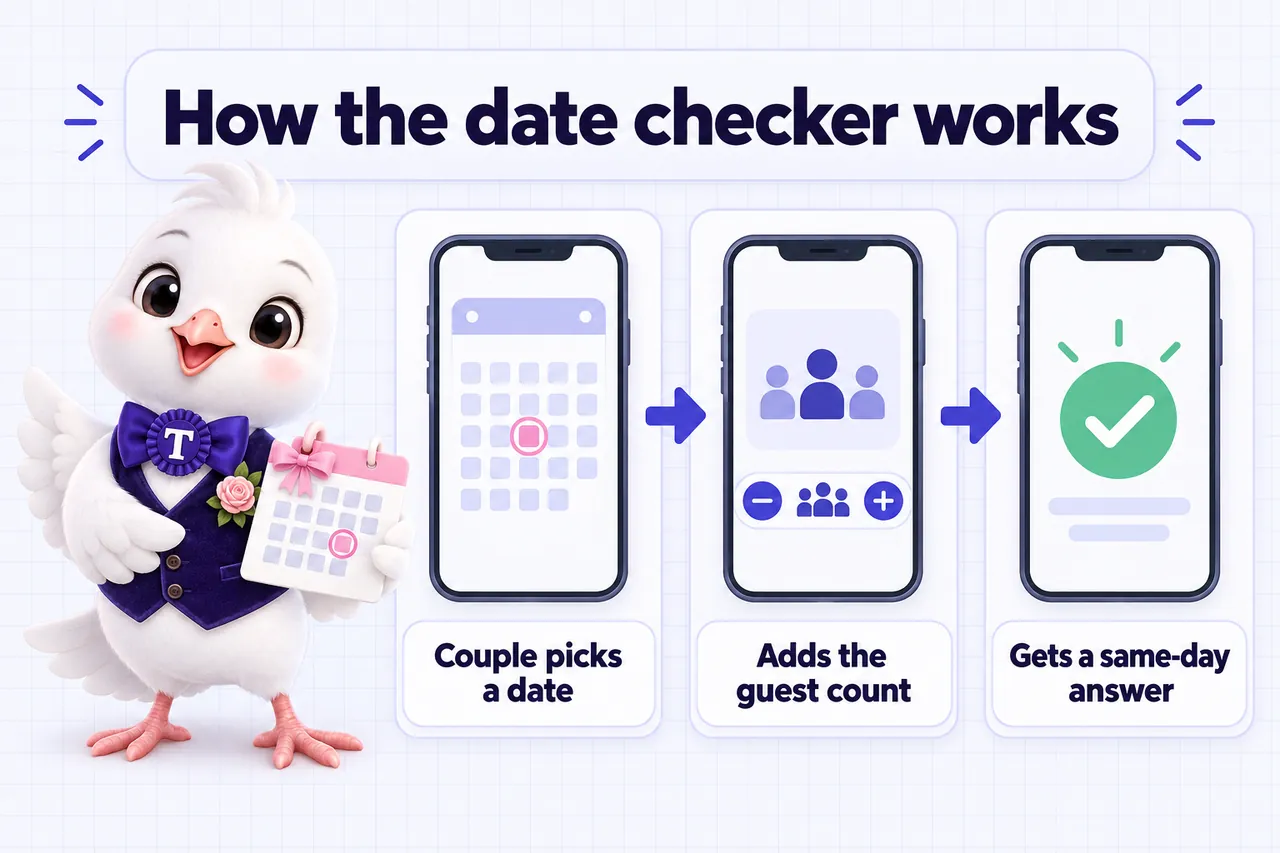 Infographic: How the date checker works. The couple picks a date, adds the guest count and gets a same-day answer.