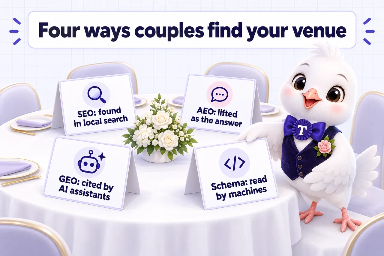 Infographic: Four ways couples find your venue, shown as place cards on a banquet table. SEO: found in local search. AEO: lifted as the answer. GEO: cited by AI assistants. Schema: read by machines.