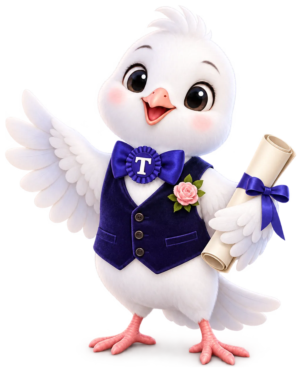 Tulle, the VenueWebStudio dove mascot in an indigo waistcoat and T rosette bow tie, presenting the example room page with one wing open and a rolled floor plan under the other