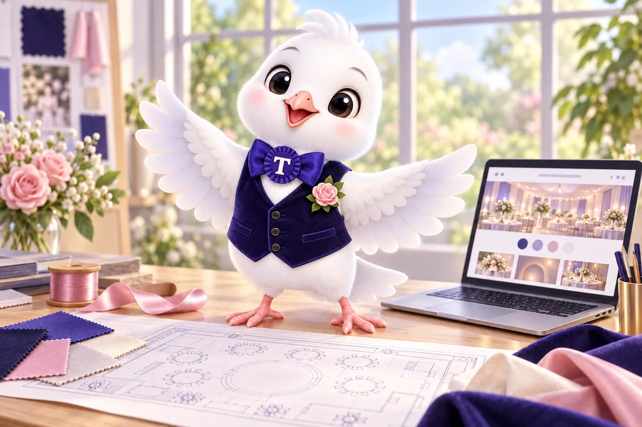 Tulle, the VenueWebStudio dove mascot, welcoming you from a drafting table set with a blank banquet floor plan, fabric swatches, a ribbon spool and a laptop showing a venue page
