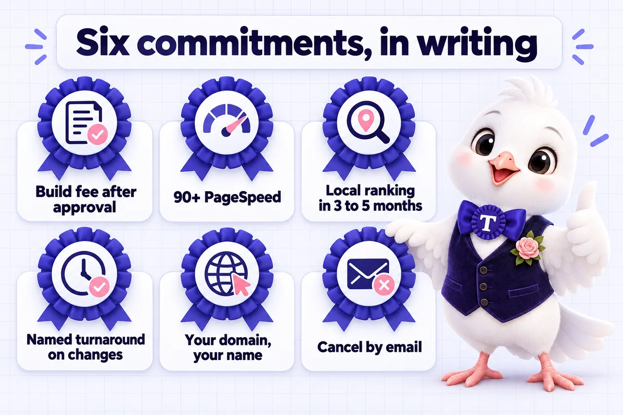 Infographic: Six commitments, in writing, shown as ribbon rosettes. Build fee after approval. 90+ PageSpeed. Local ranking in 3 to 5 months. Named turnaround on changes. Your domain, your name. Cancel by email.