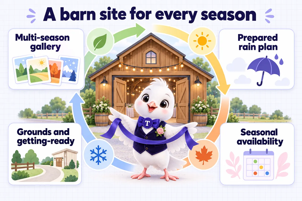 Infographic: A barn site for every season. Multi-season gallery, prepared rain plan, seasonal availability, grounds and getting-ready pages.