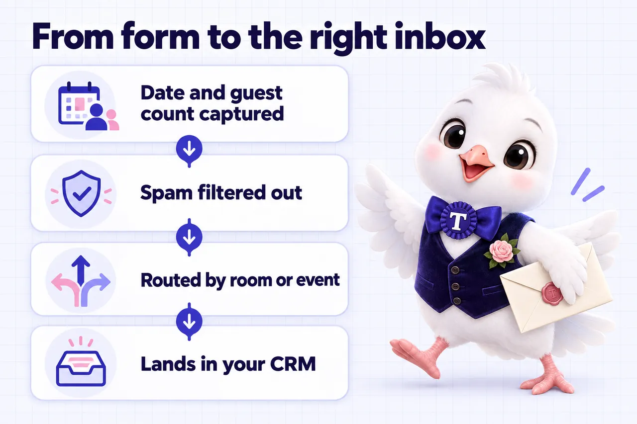 Infographic: From form to the right inbox. Date and guest count captured, spam filtered out, routed by room or event, lands in your CRM.