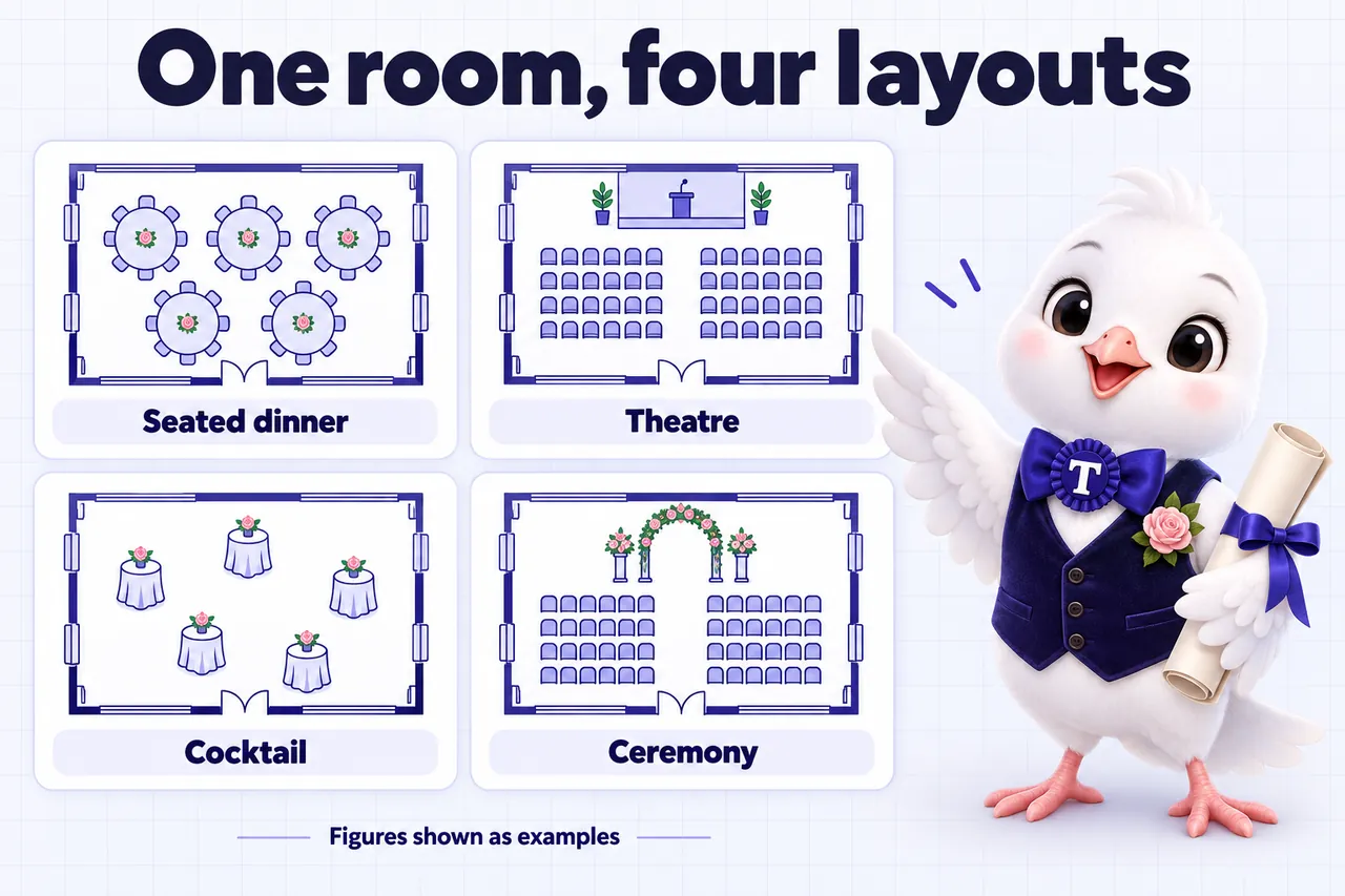 Infographic: One room, four layouts, drawn as floor plans: seated dinner, theatre, cocktail and ceremony. Figures shown as examples.