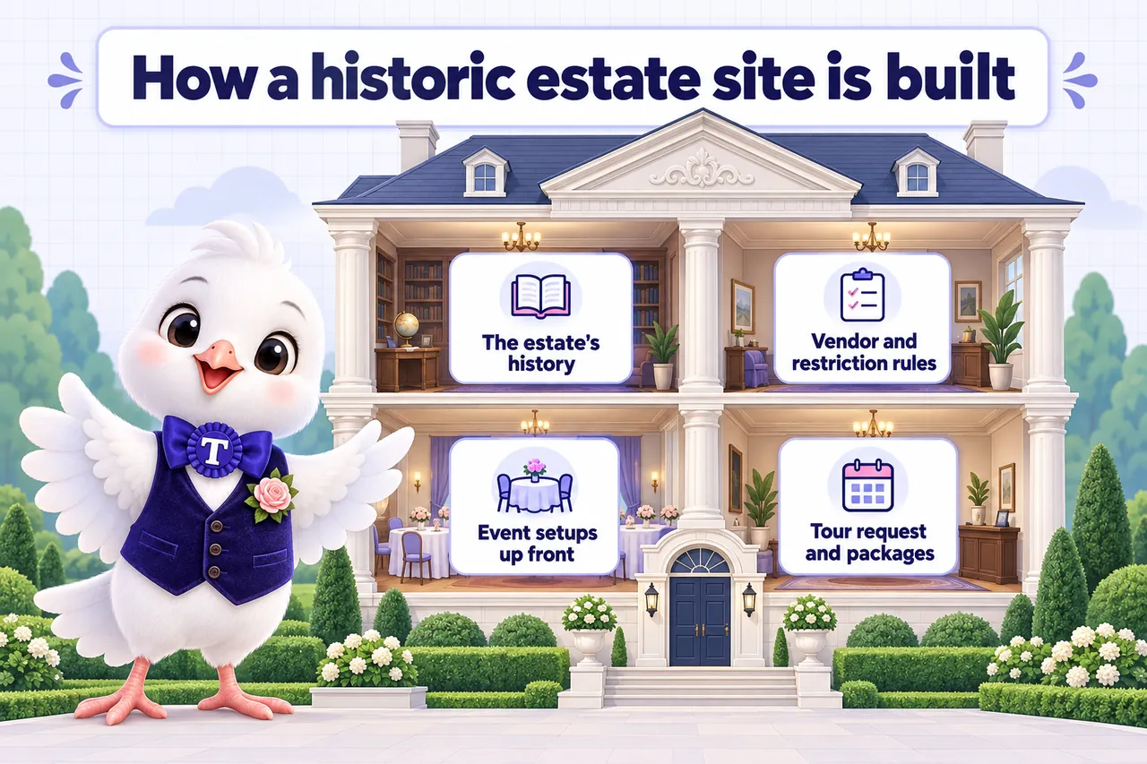 Infographic: How a historic estate site is built. Event setups up front, tour request and packages, the estate's history, vendor and restriction rules.