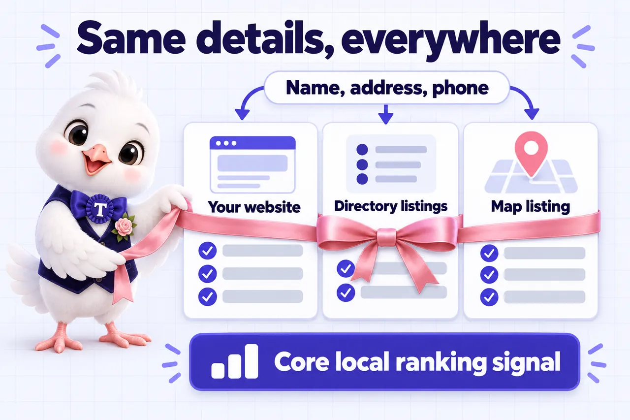 Infographic: Same details, everywhere. Name, address, phone kept identical on your website, directory listings and map listing: a core local ranking signal.