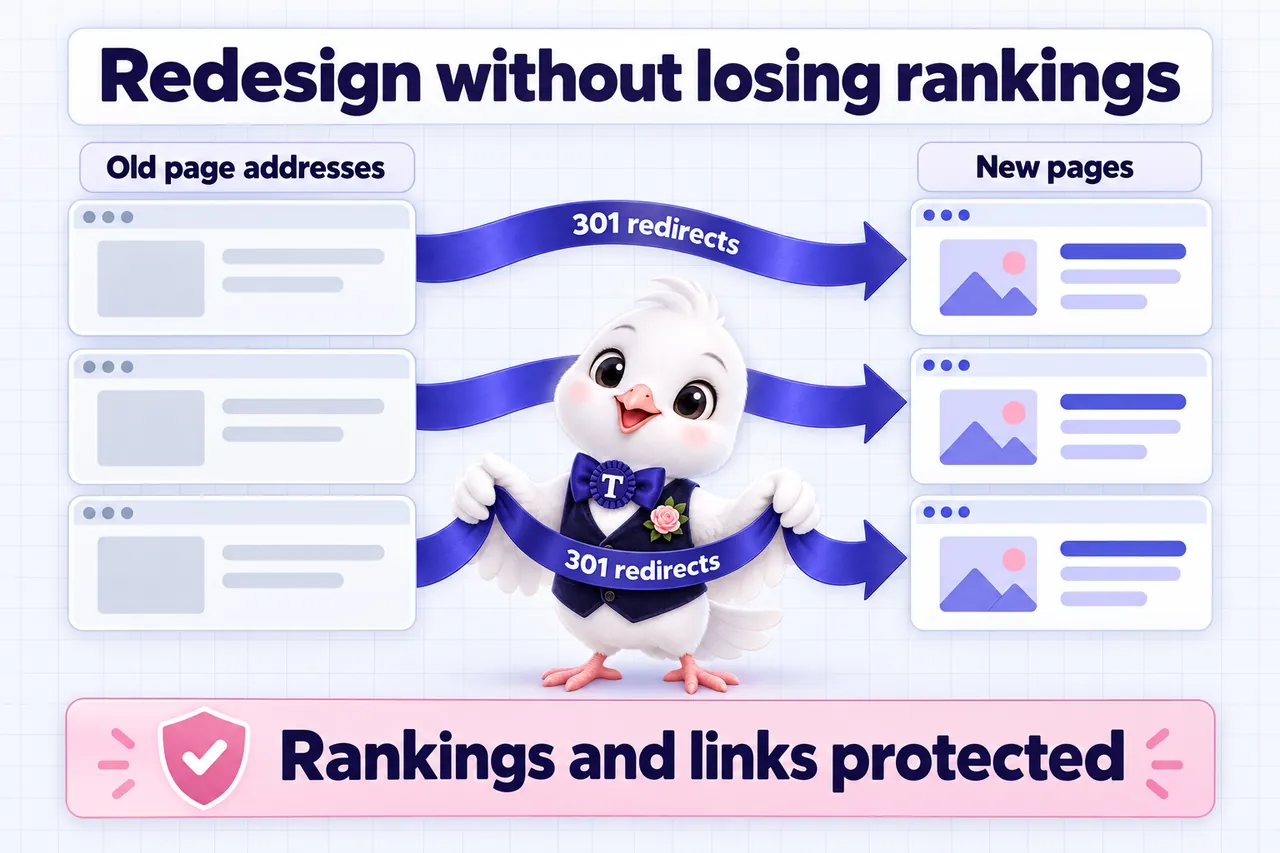 Infographic: Redesign without losing rankings. Old page addresses are joined to new pages by 301 redirects, so rankings and links are protected.