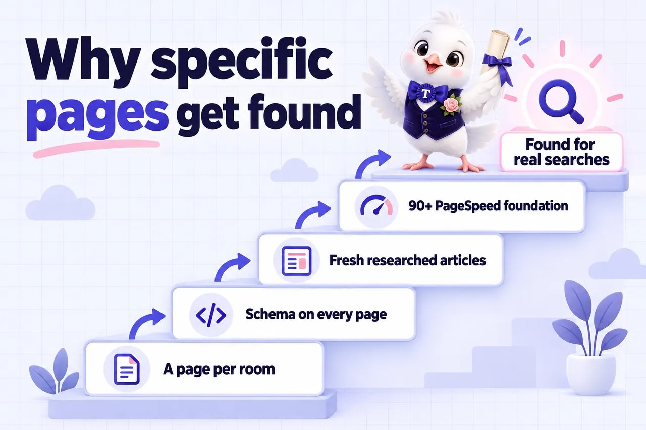 Infographic: Why specific pages get found. A page per room, schema on every page, fresh researched articles and a 90+ PageSpeed foundation lead to being found for real searches.