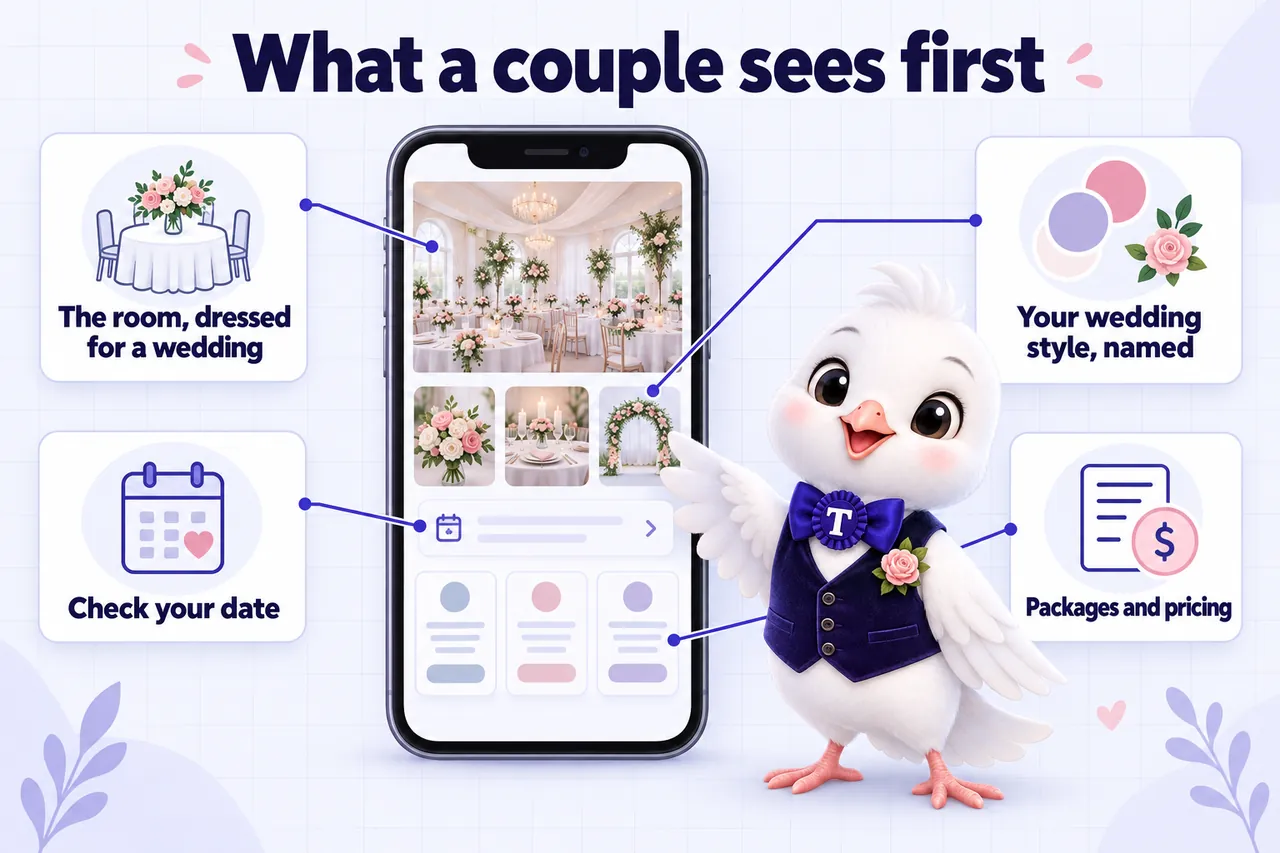 Infographic: What a couple sees first on a wedding venue homepage. The room, dressed for a wedding. Your wedding style, named. Check your date. Packages and pricing.